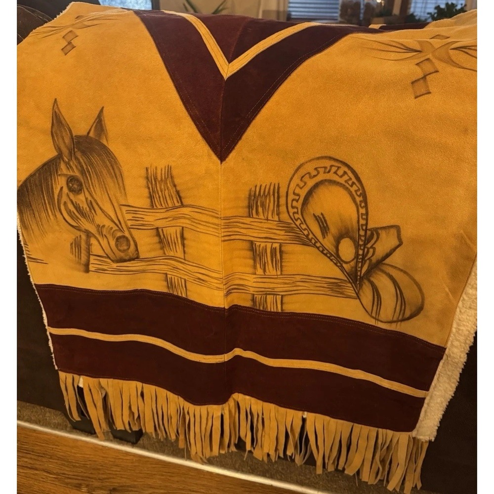Vtg Western Cowboy Cowgirl Suede Poncho Serape Cape Rodeo Horses Fringe Mexico - Picture 2 of 12